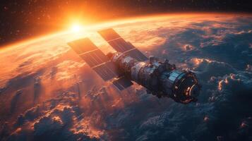 Satellite orbits the Earth, sending telemetry and GPS signals as the sun rises on the horizon, illuminating the atmosphere and planet below. photo