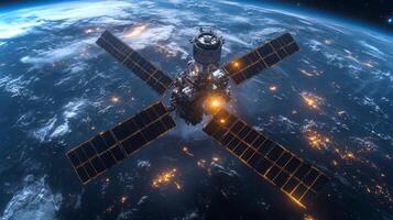 A spacecraft orbits Earth, equipped with solar panels and communication systems. It provides GPS signals and tracks movements, supporting various applications. photo