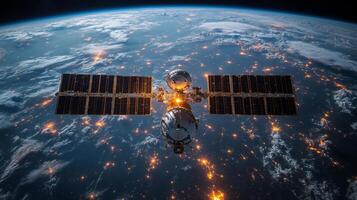 A satellite orbits Earth, utilizing advanced technology to transmit telemetry and GNSS signals for global positioning and signal tracking around the planet. photo