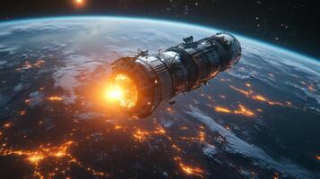 A spacecraft is maneuvering in low Earth orbit, showcasing advanced propulsion technologies. Bright emissions indicate active systems, while the planet below glows with city lights. photo