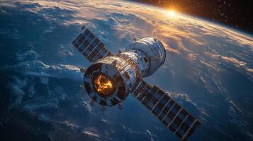 A spacecraft orbits Earth in a low Earth orbit while transmitting telemetry and broadband signals to various ground stations. The sun sets in the background. photo