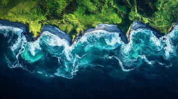 Coastal observations reveal dynamic land-sea interactions, showcasing vibrant waves and lush terrain, all under close analysis for geospatial applications. photo