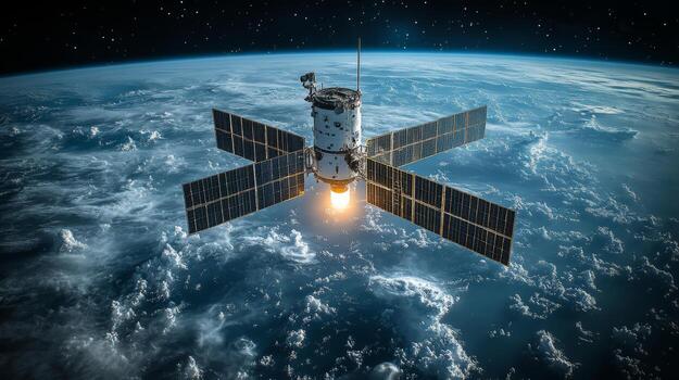A satellite ignites its propulsion system as it orbits Earth, transmitting data and signals for GPS and GNSS positioning. This advanced technology operates in real-time, supporting global tracking. photo