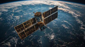 High-tech satellite orbits Earth, transmitting telemetry data and GPS signals. It plays a crucial role in global navigation and tracking systems through advanced technologies. photo