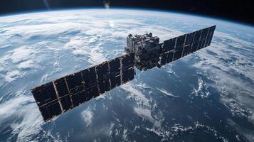 A satellite is positioned in low Earth orbit, actively transmitting telemetry data. The spacecraft is equipped with solar panels, optimizing its energy for GPS and positioning tasks. photo