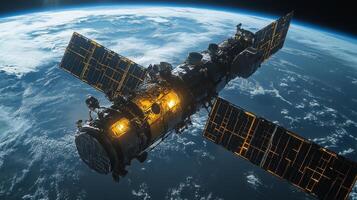 A sophisticated spacecraft orbits Earth, equipped with solar panels and advanced monitoring systems. It captures vital telemetry data for geospatial surveillance and analysis, utilizing AI. photo