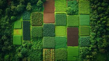 Various agricultural fields are captured through satellite observation, highlighting the arrangements of crops and vegetation patterns across the land. This data aids in monitoring and analysis. photo