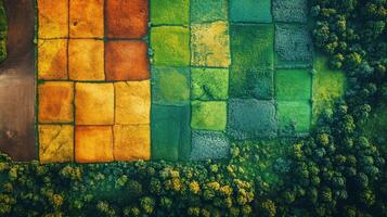 Aerial view displays a mosaic of agricultural fields featuring various crop colors and patterns in a lush landscape surrounded by trees under clear skies. photo