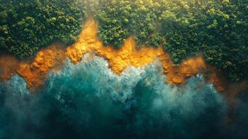 Satellite technology captures a detailed view of coastal vegetation meeting ocean waves. Geospatial telemetry aids in environmental monitoring and analysis, showcasing the region's natural landscape. photo