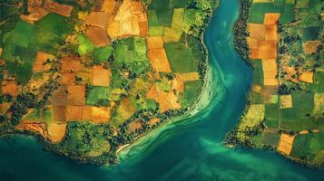 High-altitude sensors monitor varied agricultural fields along a river in a tropical region, showcasing vibrant colors and patterns. This geospatial analysis aids in environmental understanding. photo