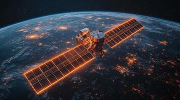 A satellite equipped with solar panels orbits the Earth, transmitting telemetry and broadband signals. Its illuminated design highlights urban areas below, showcasing advanced technology. photo