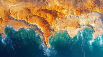 This high-resolution satellite imagery captures detailed coastal landscapes showcasing the intersection of land and ocean. Geospatial analysis reveals significant features and patterns. photo