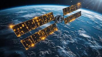 A satellite orbits Earth, equipped with solar panels capturing sunlight. This spacecraft transmits telemetry data, contributing to GPS and GNSS positioning and tracking. photo