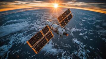 A satellite orbits Earth, collecting telemetry and GPS signals as the sun sets on the horizon. The scene captures the vastness of space and the beauty of our planet below. photo