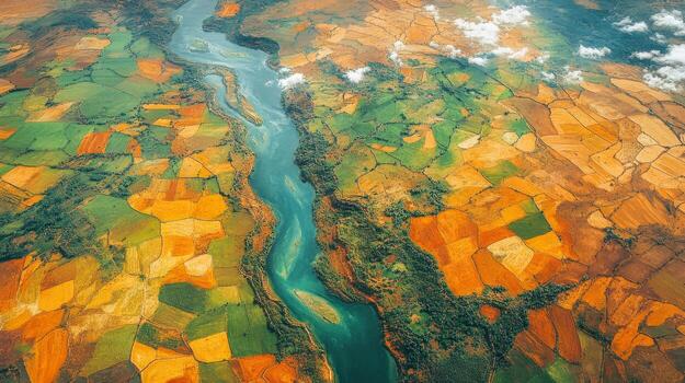 Aerial view displays a dynamic landscape featuring a winding river intersecting fields of various colors and textures, showcasing agricultural practices and natural formations. photo