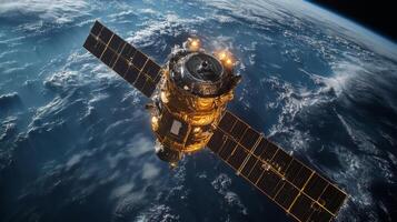 A satellite orbits Earth, using solar panels for power while transmitting critical telemetry data to support global positioning and tracking systems, showcasing advanced technology. photo