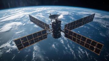 A sophisticated satellite spacecraft orbits Earth, equipped with solar panels and antennas, transmitting vital GPS signals for global navigation. photo