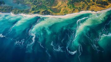 Advanced surveillance technology captures intricate patterns of ocean currents along the coastline, highlighting geospatial features and environmental dynamics in daylight. photo