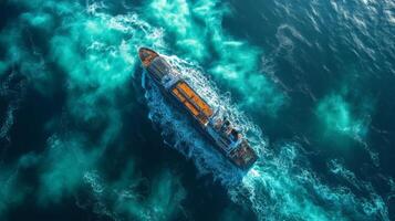 A large cargo vessel moves through the ocean, producing significant wake patterns while transmitting telemetry data for monitoring and analysis. The vessel is part of a surveillance operation. photo