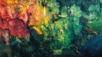 An overview reveals varying land use patterns and vegetation colors, highlighting agricultural areas contrasted with forests. photo