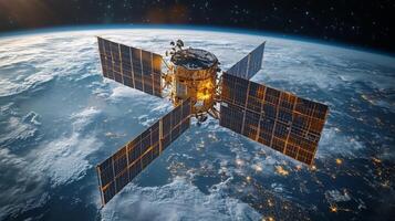 A satellite orbits the Earth, transmitting telemetry and GPS signals. This advanced spacecraft supports global tracking and positioning systems, enhancing navigation capabilities. photo