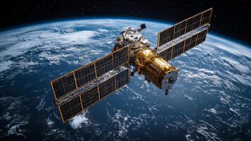 A spacecraft positioned in low Earth orbit, equipped with solar panels, is actively transmitting telemetry data. It plays a vital role in providing broadband connectivity worldwide. photo