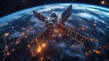 A spacecraft orbits Earth at night, with solar panels illuminated by city lights below. It transmits telemetry and GPS signals for global navigation and tracking systems. photo