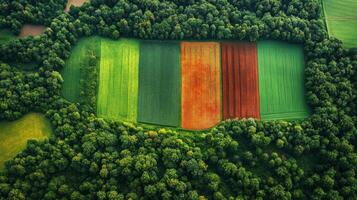 This aerial view highlights a vibrant patchwork of agricultural fields, showcasing green, orange, and red crops set against a backdrop of dense forested land, revealing land use patterns. photo