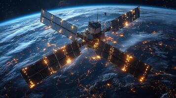 A satellite orbits Earth during dusk, actively transmitting telemetry and GPS signals. photo