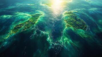 High-resolution satellite captures geospatial details of ocean water surrounding two lush islands, showcasing vibrant colors and unique terrain. AI technology enhances monitoring and analysis. photo