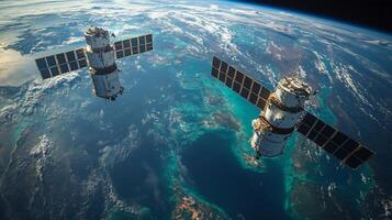 Two advanced satellites are positioned in low Earth orbit, actively collecting geospatial data. They transmit telemetry and conduct detailed analysis for enhanced surveillance capabilities. photo