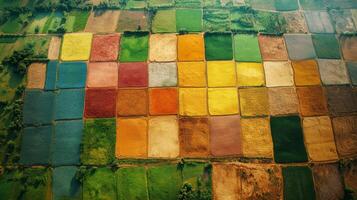 Satellite imagery reveals a colorful tapestry of agricultural plots, showcasing varied crops across a landscape. This data aids in environmental monitoring and analysis. photo