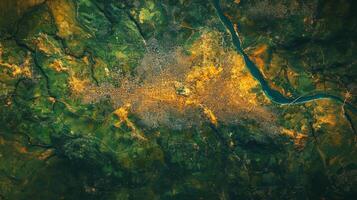 A detailed satellite view showcases an urban area surrounded by diverse green terrain, highlighting the city's layout and infrastructure. Data transmission enables effective monitoring and analysis. photo