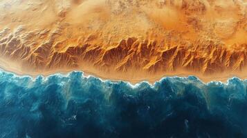 This satellite view illustrates the coastal region where rugged terrain meets the ocean, highlighting patterns of erosion and sediment. The vibrant colors detail the geographical features. photo