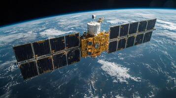 A satellite orbits Earth, equipped with solar panels and antennas. It transmits vital telemetry and GPS signals, enabling precise global positioning and tracking in real time. photo