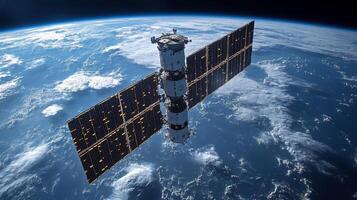 Satellite equipped with solar panels operates in low Earth orbit, actively transmitting signals for global navigation and positioning systems while providing telemetry data. photo