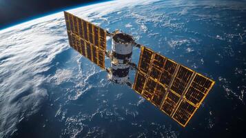 A satellite orbits Earth, equipped with solar panels and communication instruments. It is actively transmitting telemetry signals crucial for global positioning systems and tracking. photo