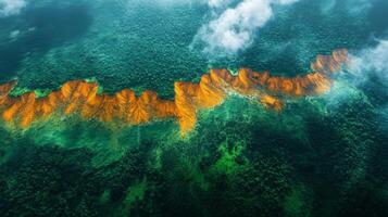 Spectacular geological formations showcase vibrant hues amidst dense green vegetation, as seen from a satellite. This view emphasizes the terrain's unique features and ecosystem health. photo