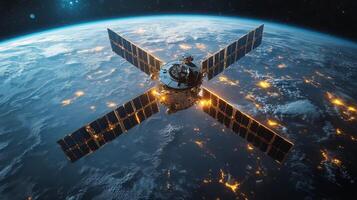 A satellite orbits the Earth, transmitting telemetry data and GPS signals. It plays a crucial role in global positioning systems, enhancing tracking efficiency. photo