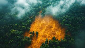In a dense forest area, significant changes in the landscape are captured through AI-based satellite technology, revealing an orange anomaly. This geospatial monitoring is crucial for analysis. photo