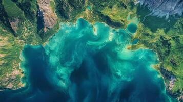 Vibrant coastal waters are observed from a satellite perspective, showcasing swirling patterns and colors, revealing insights into geospatial dynamics and environmental monitoring. photo
