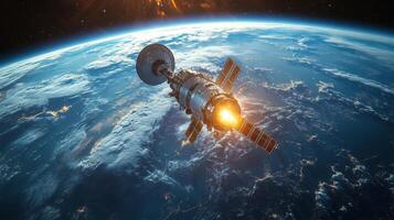 A sophisticated satellite equipped with solar panels and transmitting telemetry data is orbiting Earth, contributing to communications and broadband services in real-time analysis. photo