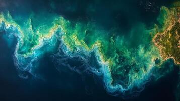 A detailed view of vibrant oceanic patterns captured from space, highlighting the interaction of water, land, and biological activity along the coastline. Telemetry data aids in ecological research. photo