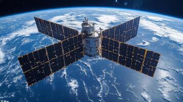 A satellite orbits Earth, equipped with solar panels and advanced technology for transmitting telemetry and GPS signals. This spacecraft supports global positioning systems and tracking activities. photo