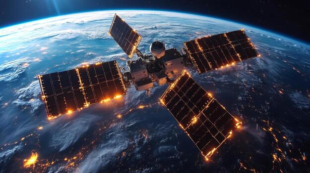 In orbit around Earth, a satellite harnesses solar panels to transmit signals and telemetry data for GPS and GNSS applications, enhancing global positioning systems and tracking capabilities. photo