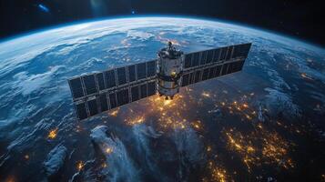 A satellite is positioned in orbit around Earth, facilitating GPS and GNSS services while transmitting telemetry signals for precise positioning and tracking to various ground stations. photo