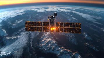 A satellite orbits Earth at dusk, utilizing solar panels for power. It is engaged in transmitting telemetry and GPS signals, aiding global positioning systems. photo