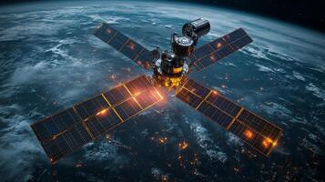 High-tech satellite equipped with solar panels orbits the Earth, facilitating transmission and telemetry for geospatial monitoring and surveillance. AI analyzes collected data for detailed insights. photo