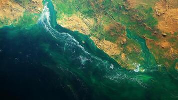 Vibrant coastal waters are captured from space, illustrating satellite monitoring and telemetry of marine ecosystems and geospatial analysis. photo