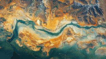 This detailed satellite depiction reveals a flowing river winding through mountainous landscapes, highlighting geospatial analysis and AI-assisted monitoring practices. photo